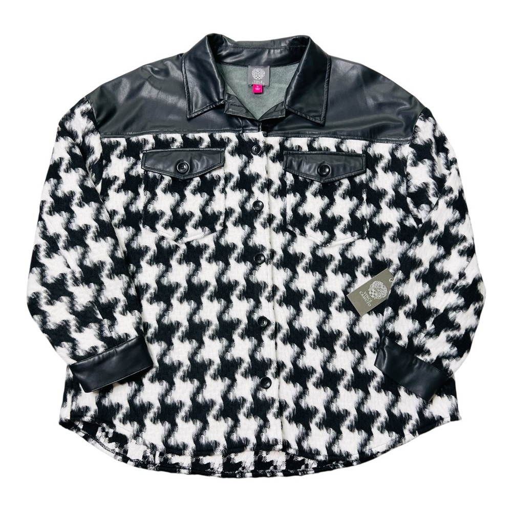 Vince Camuto Black/White Houndstooth Faux Leather Trim Button Down Shacket XL - Picture 4 of 15
